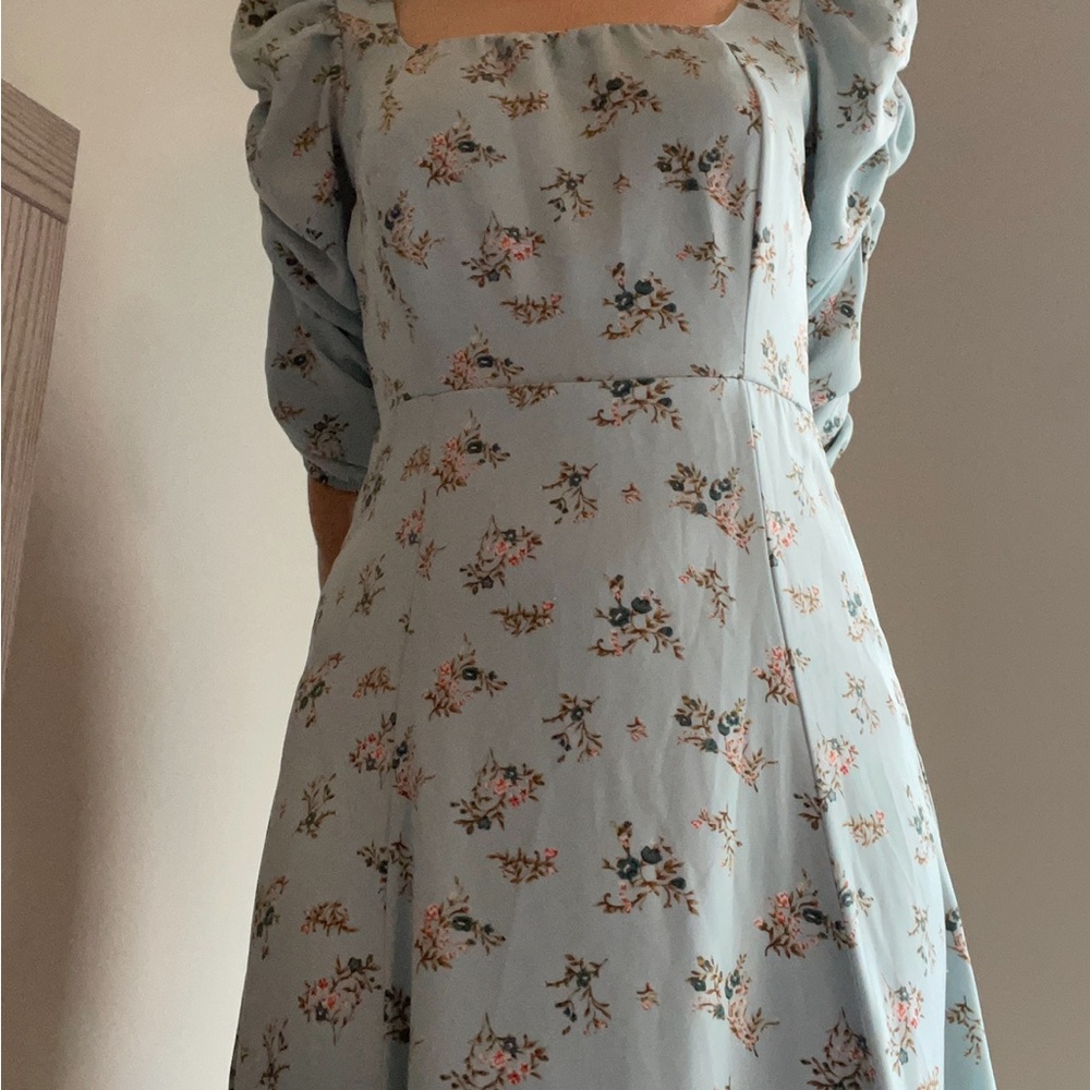 Blue Long Sleeve Puff Sundress for Wedding Guest